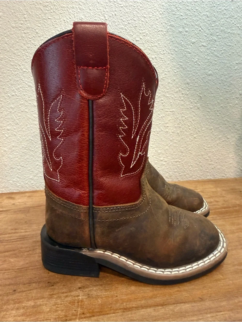 Old West Kids Cowboy Boots 5.5 D Brown Red Leather Western Side Zip